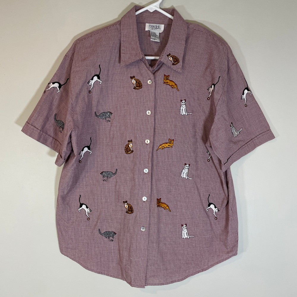 VTG Teddi Embroidered All Over Cats Houndstooth Button Down Shirt L Burgundy